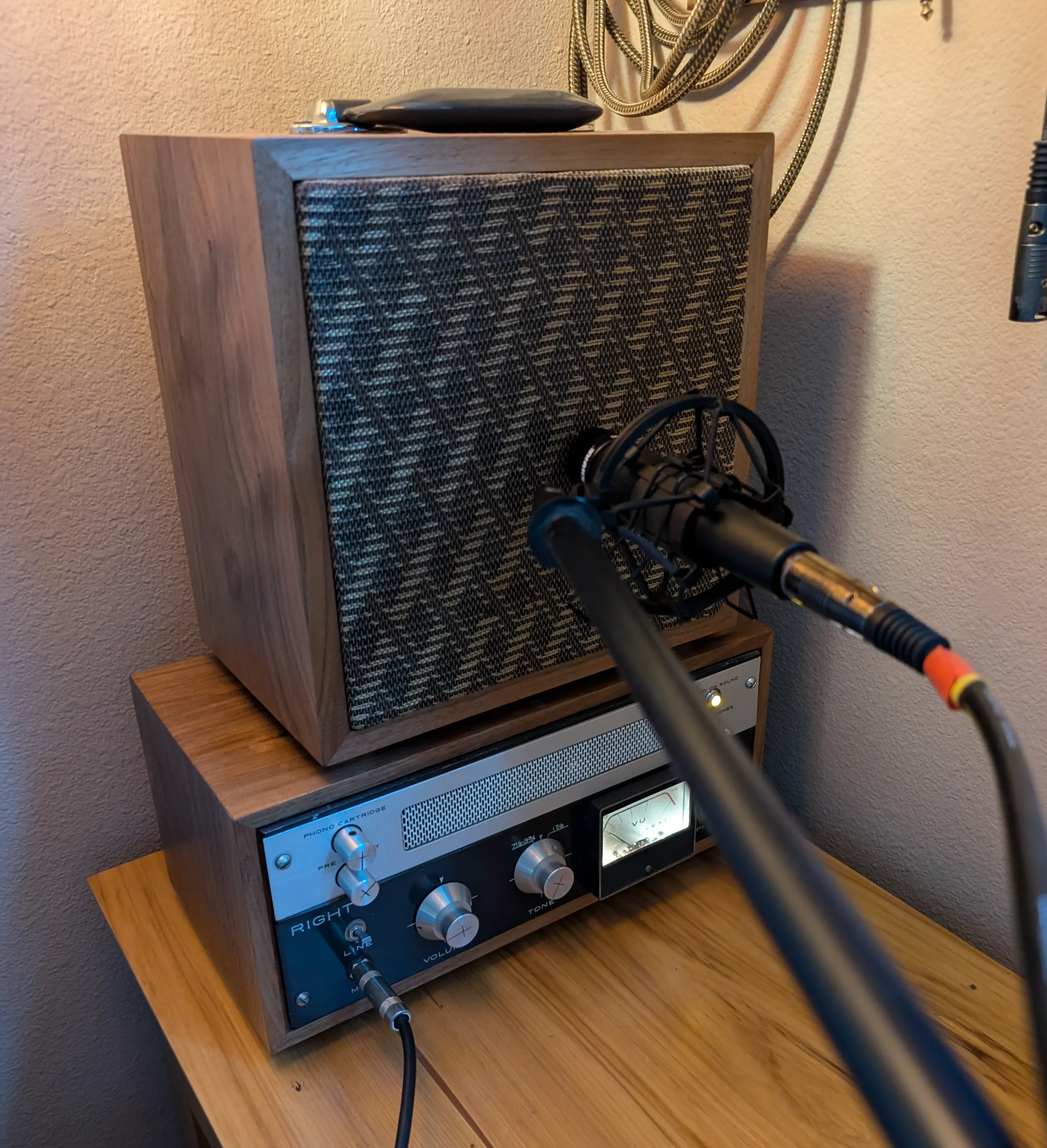 An SM57 recording my weird, custom amp that I converted from a vintage reel-to-reel tape player.